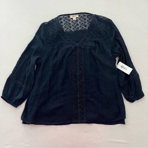 Style & Co Casual Navy Blue Lace-Like 3/4 Sleeves Blouse Top size M NWT - Picture 1 of 7